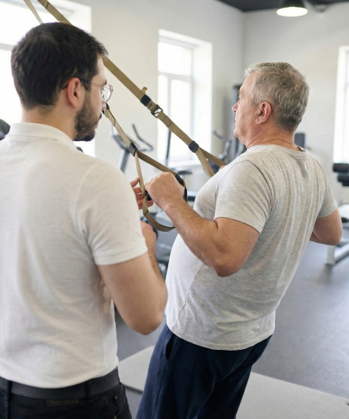 Personal Trainer Osnabrück Wladi mit Mann grau Tshirt nach hinten